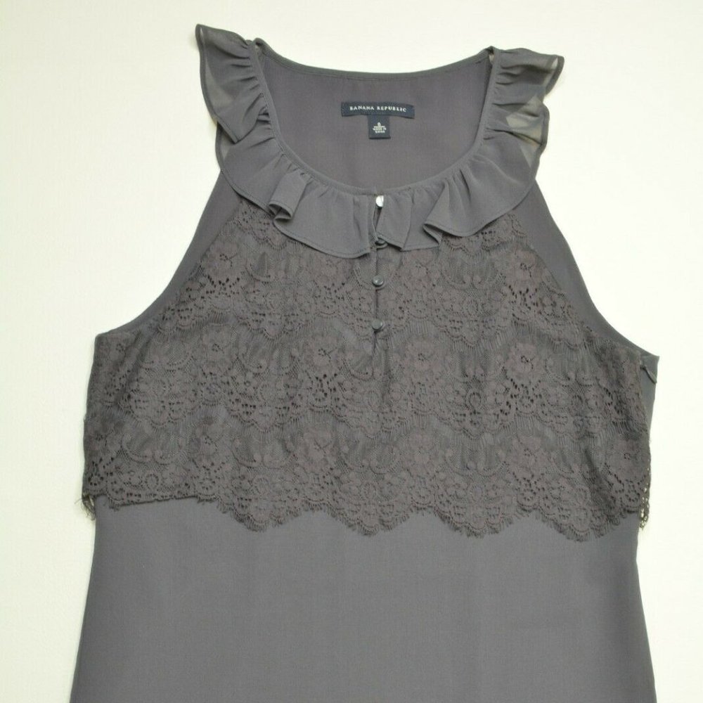 Banana Republic Size 6 Womens‎ GRAY Sleeveless RUFFLE Collar Semi Sheer LACE Top